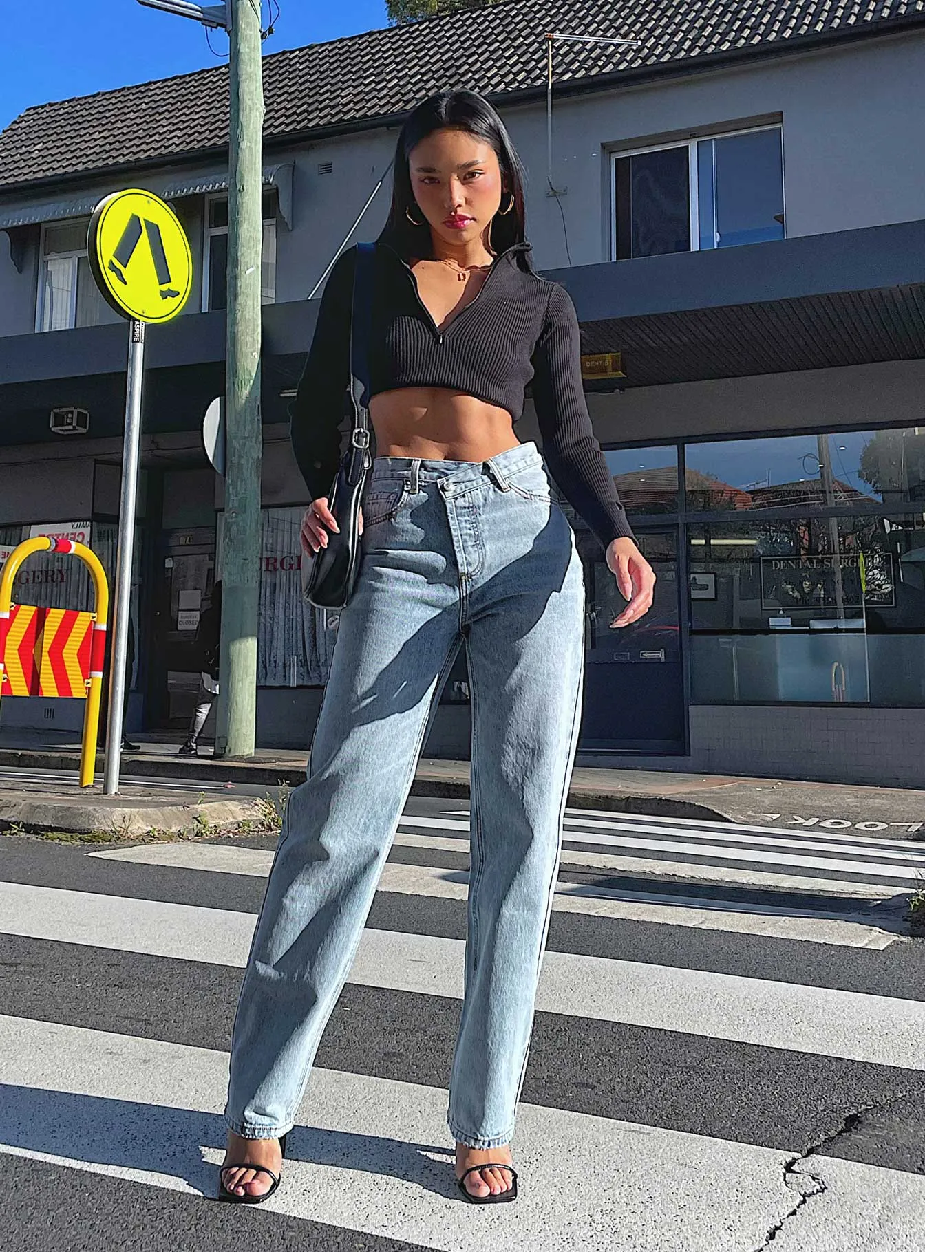 Holly Asymmetric Straight Leg Jean Light Wash Denim Petite Anti Bacterial Treatment