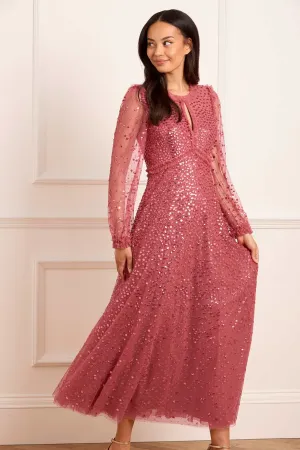Dappled Sequin Long Sleeve Ankle Gown Square-Neck Office Layer