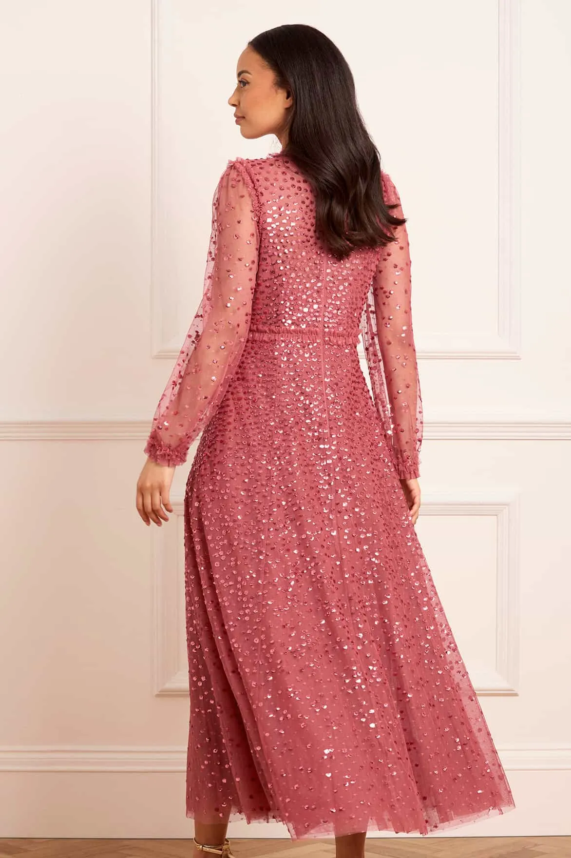 Effortless Layer Wear Dappled Sequin Long Sleeve Ankle Gown