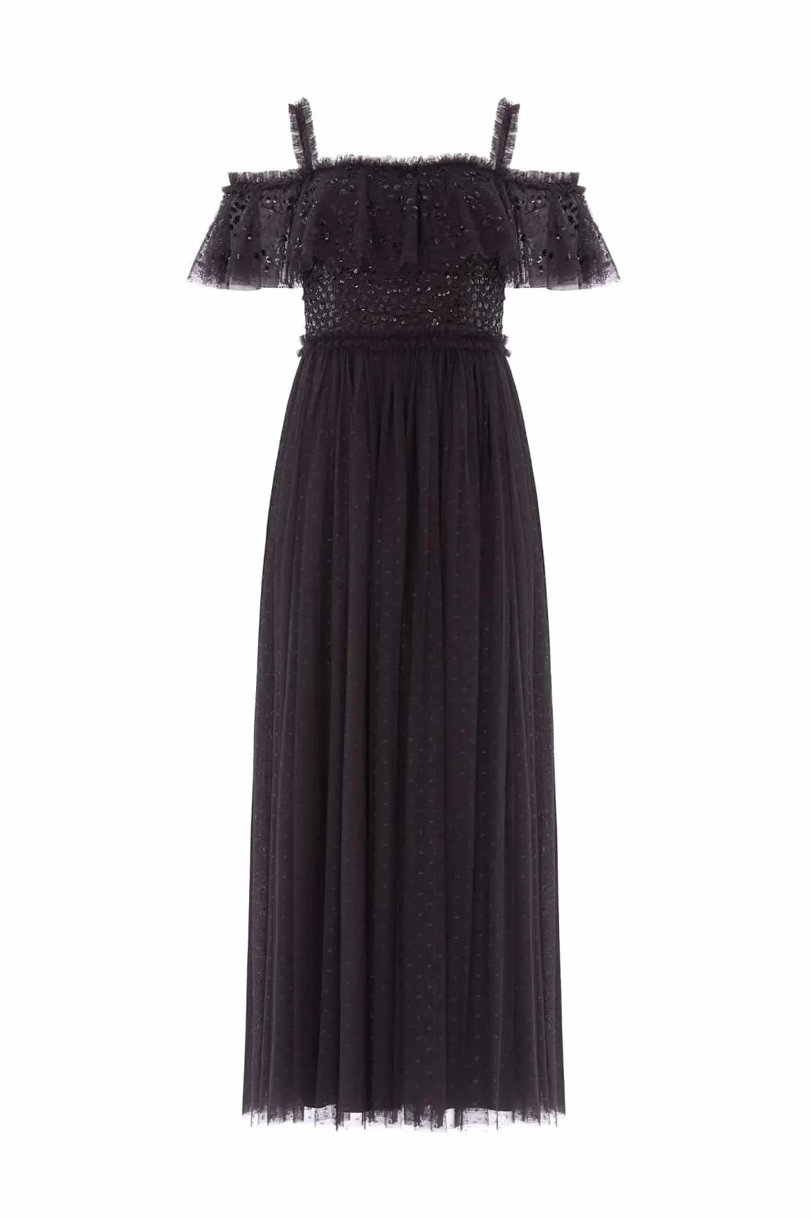 Stylish Layer Dappled Sequin Bodice Off-Shoulder Ankle Gown