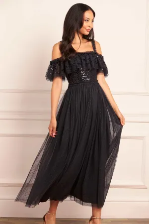Layering Comfort Comfortable Waistband Dappled Sequin Bodice Off-Shoulder Ankle Gown