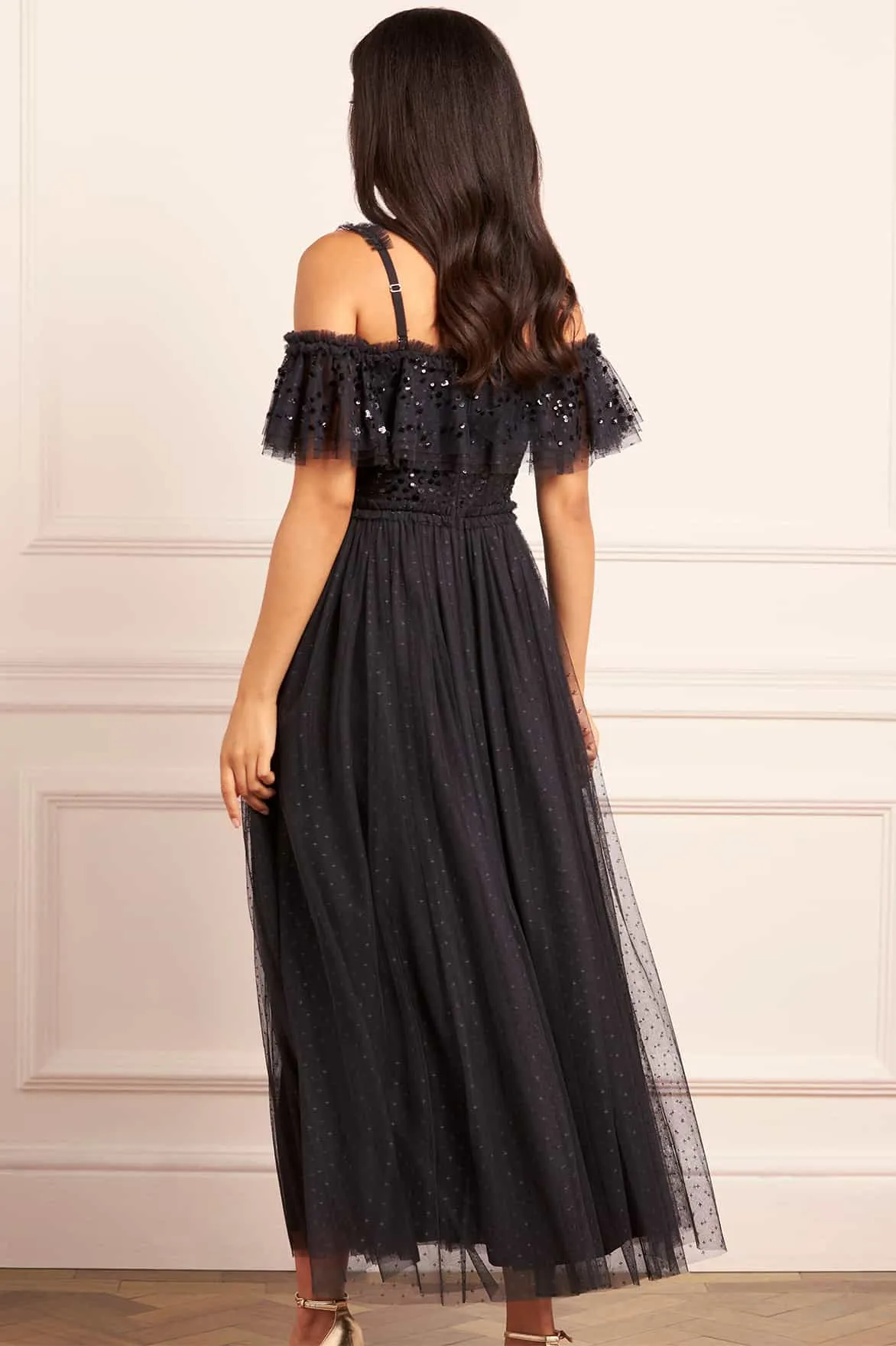 Dappled Sequin Bodice Off-Shoulder Ankle Gown Casual Wear
