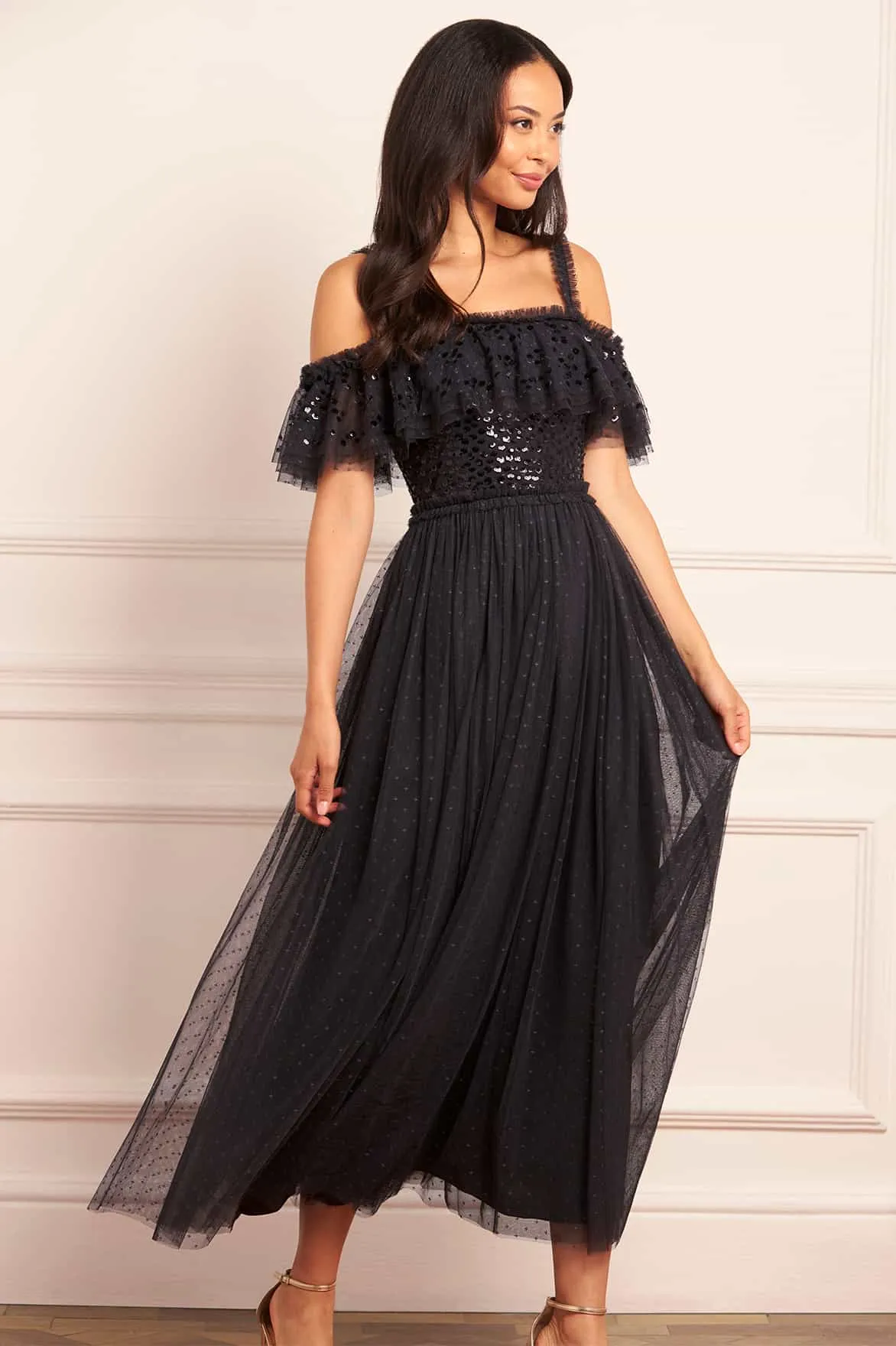 Layering Comfort Comfortable Waistband Dappled Sequin Bodice Off-Shoulder Ankle Gown