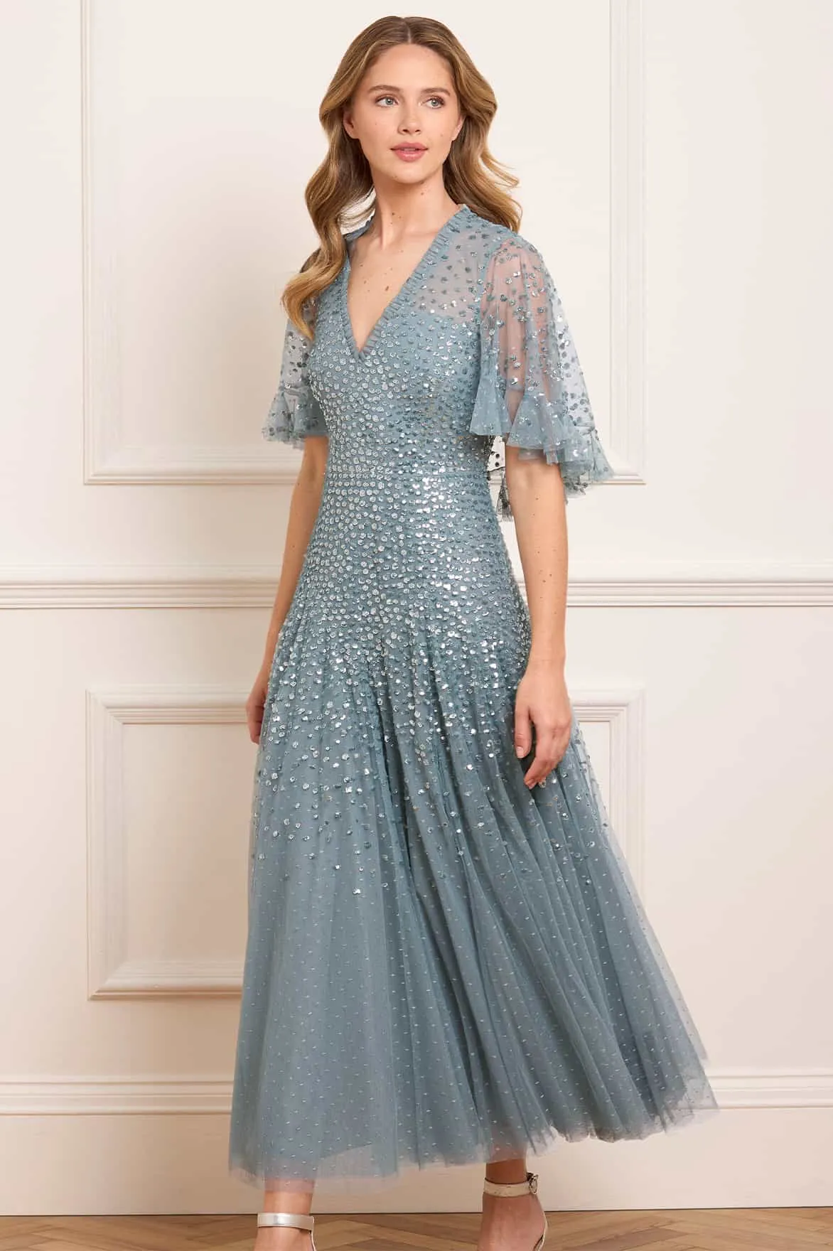 Clean Style Dappled Sequin Cape Ankle Gown