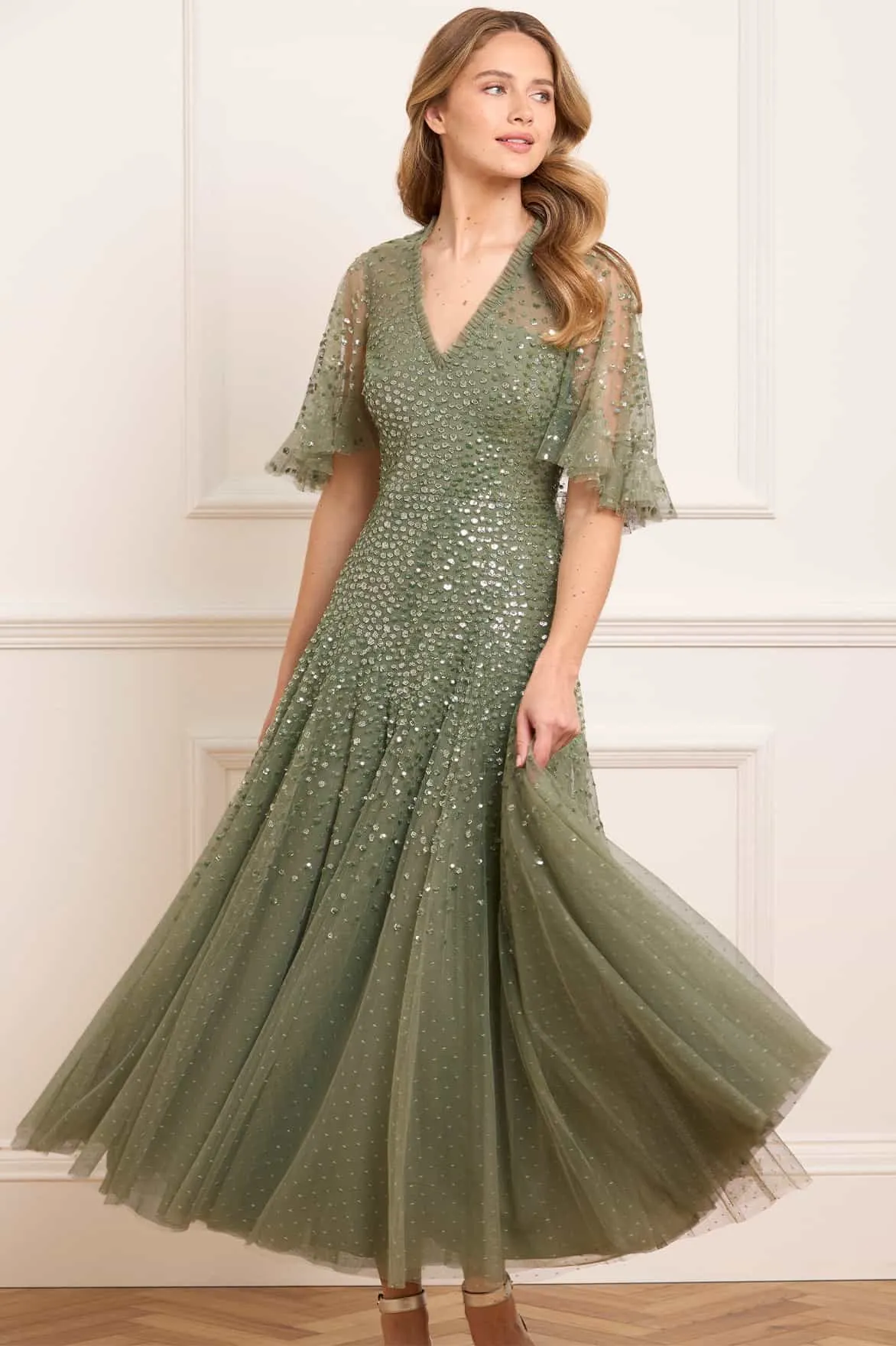 Calm Energy Mood Friendly Dappled Sequin Cape Ankle Gown