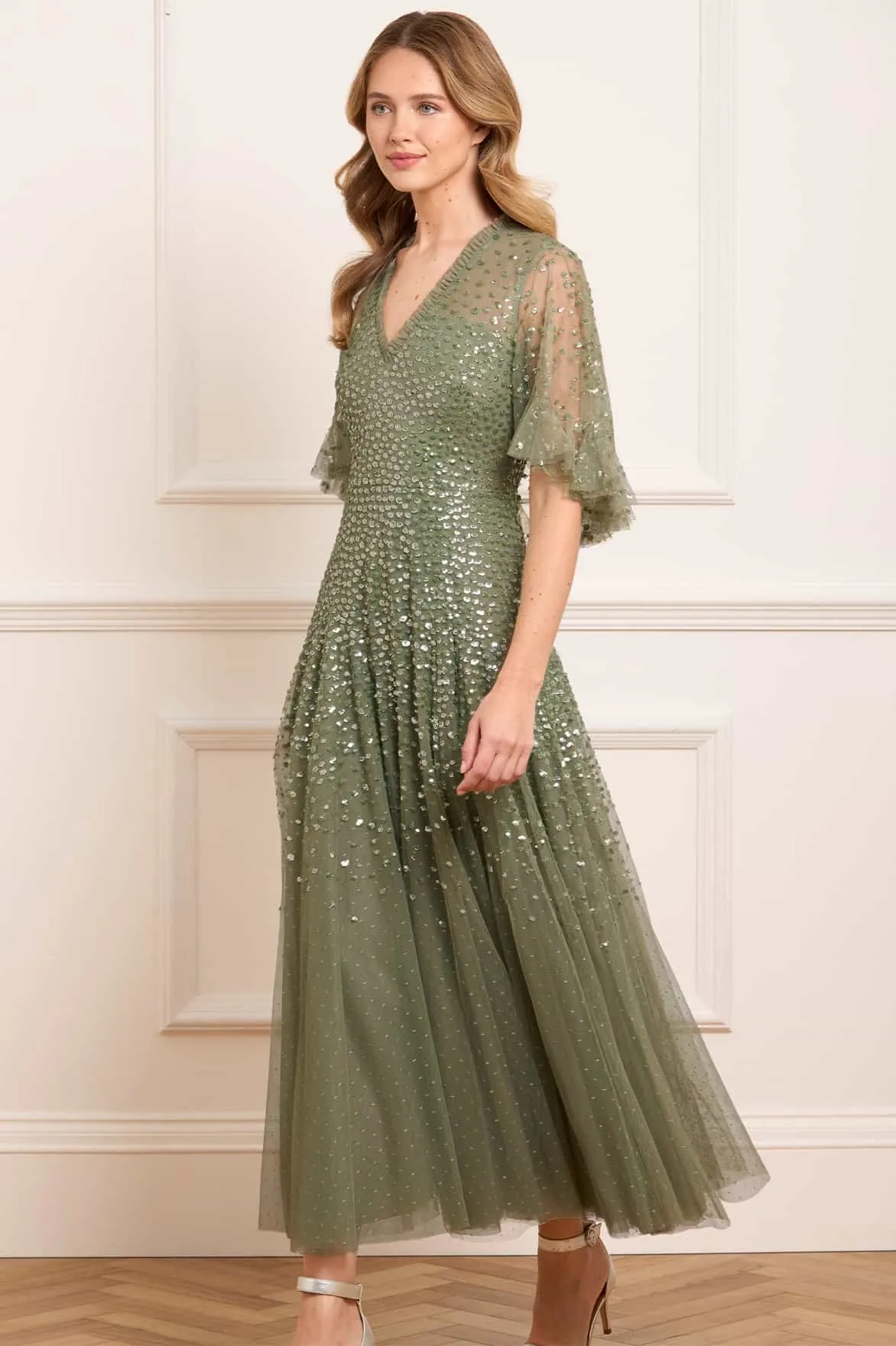 Understated Elegance Cool Palette Dappled Sequin Cape Ankle Gown