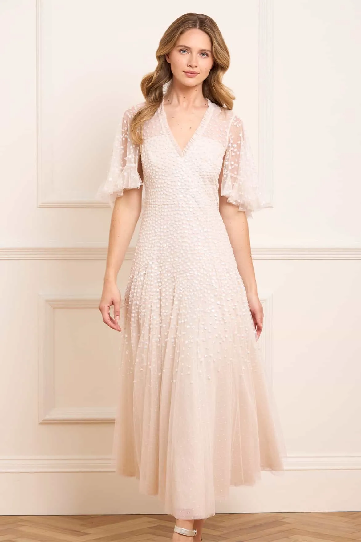 Relaxed Movement Dappled Sequin Cape Ankle Gown