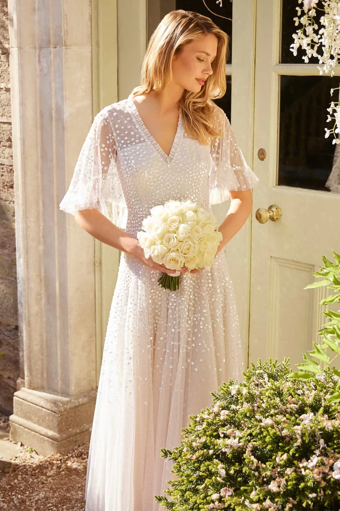 Dappled Sequin Cape Ankle Gown Soft Neutral Simple Flow