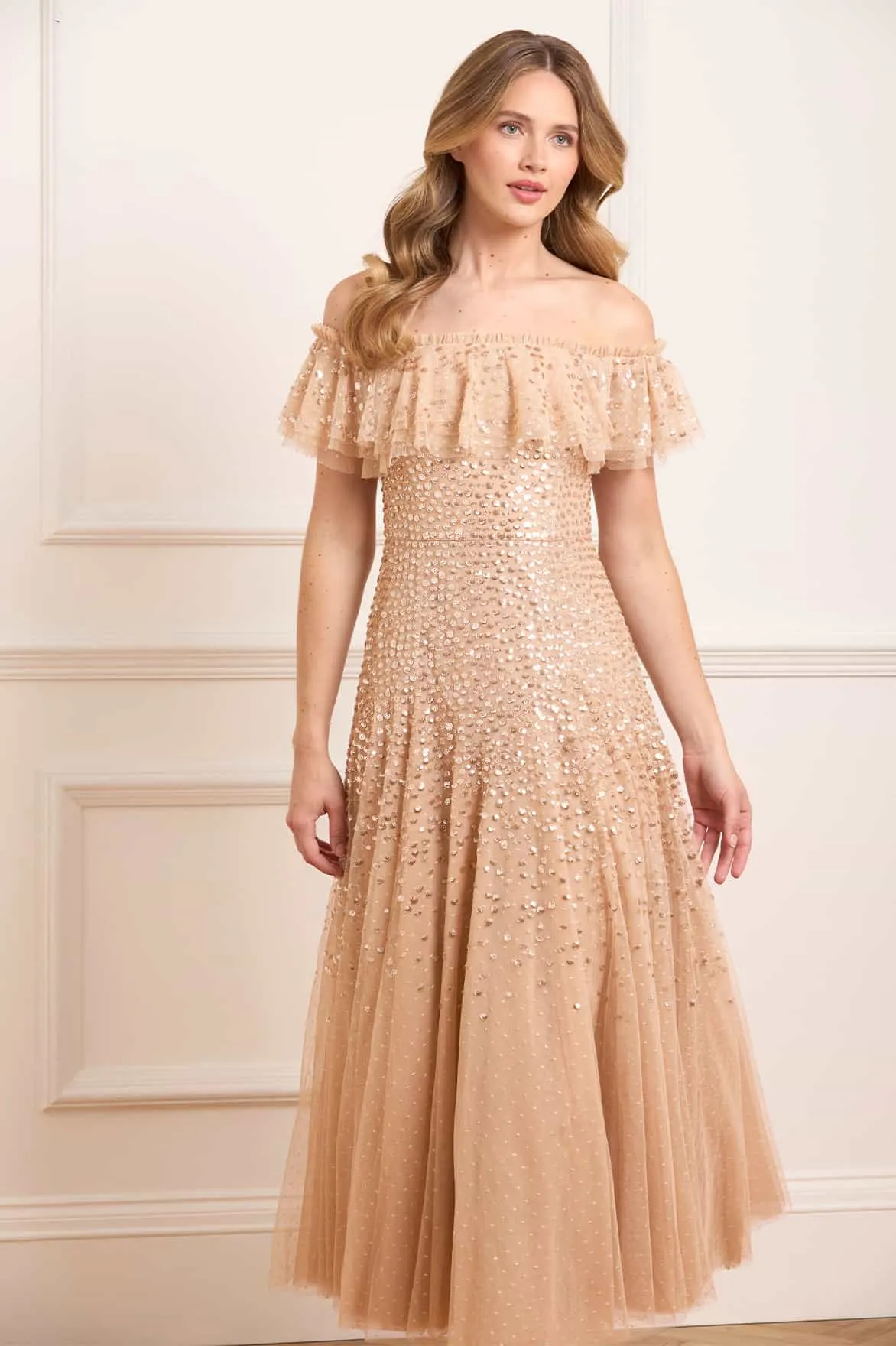 Earthy Hue Dappled Sequin Off-Shoulder Ankle Gown