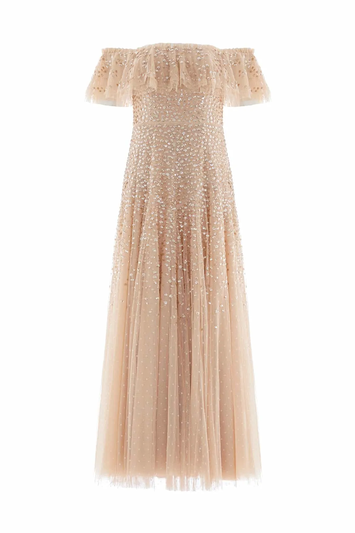 Dappled Sequin Off-Shoulder Ankle Gown Layered Texture Spring Flow