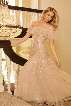 Dappled Sequin Off-Shoulder Ankle Gown Elegant Fabric Flowy casual dress