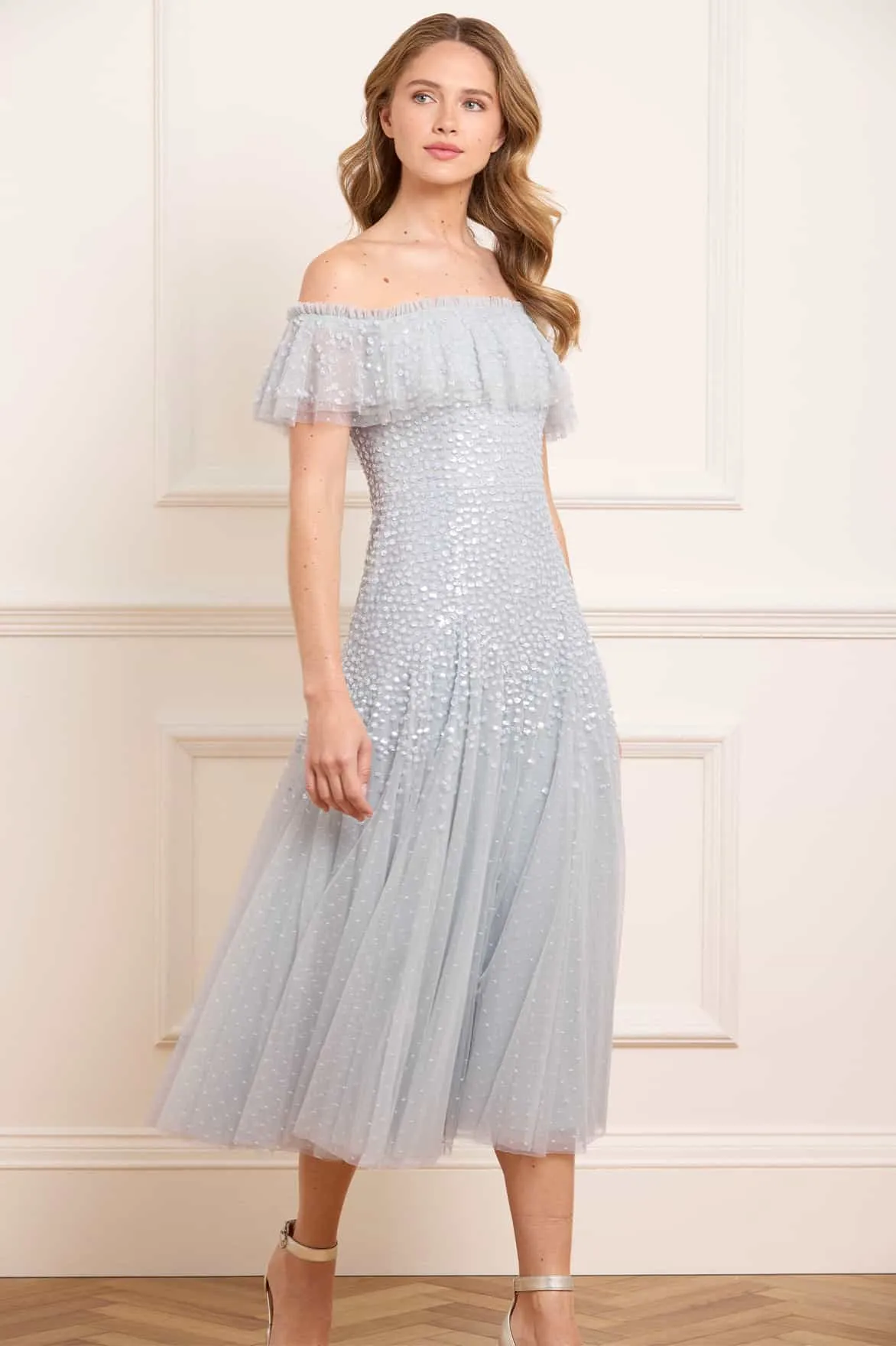 Romantic Vibes Dappled Sequin Off-Shoulder Ballerina Dress