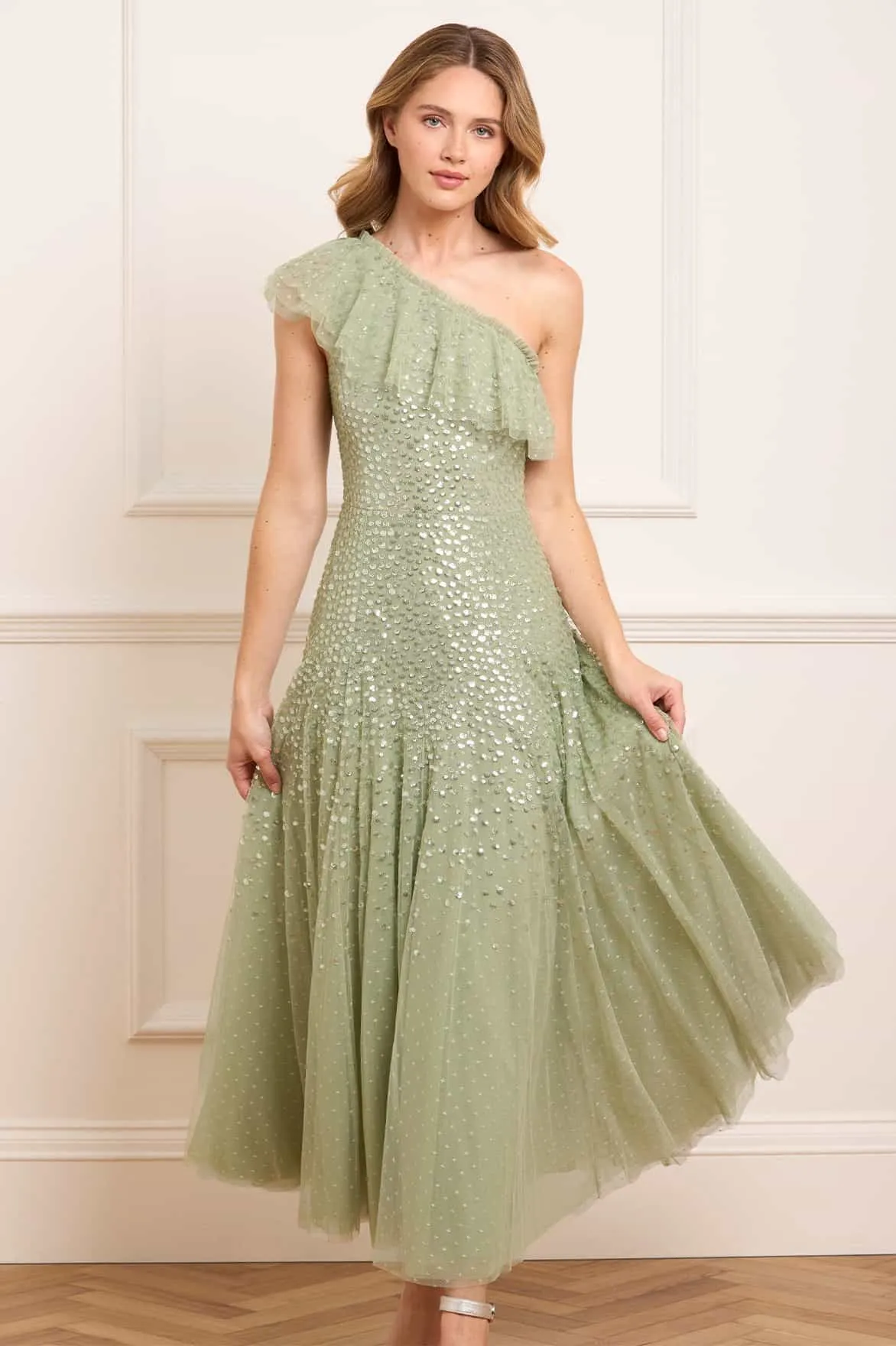 Youthful Look Dappled Sequin One-Shoulder Ankle Gown