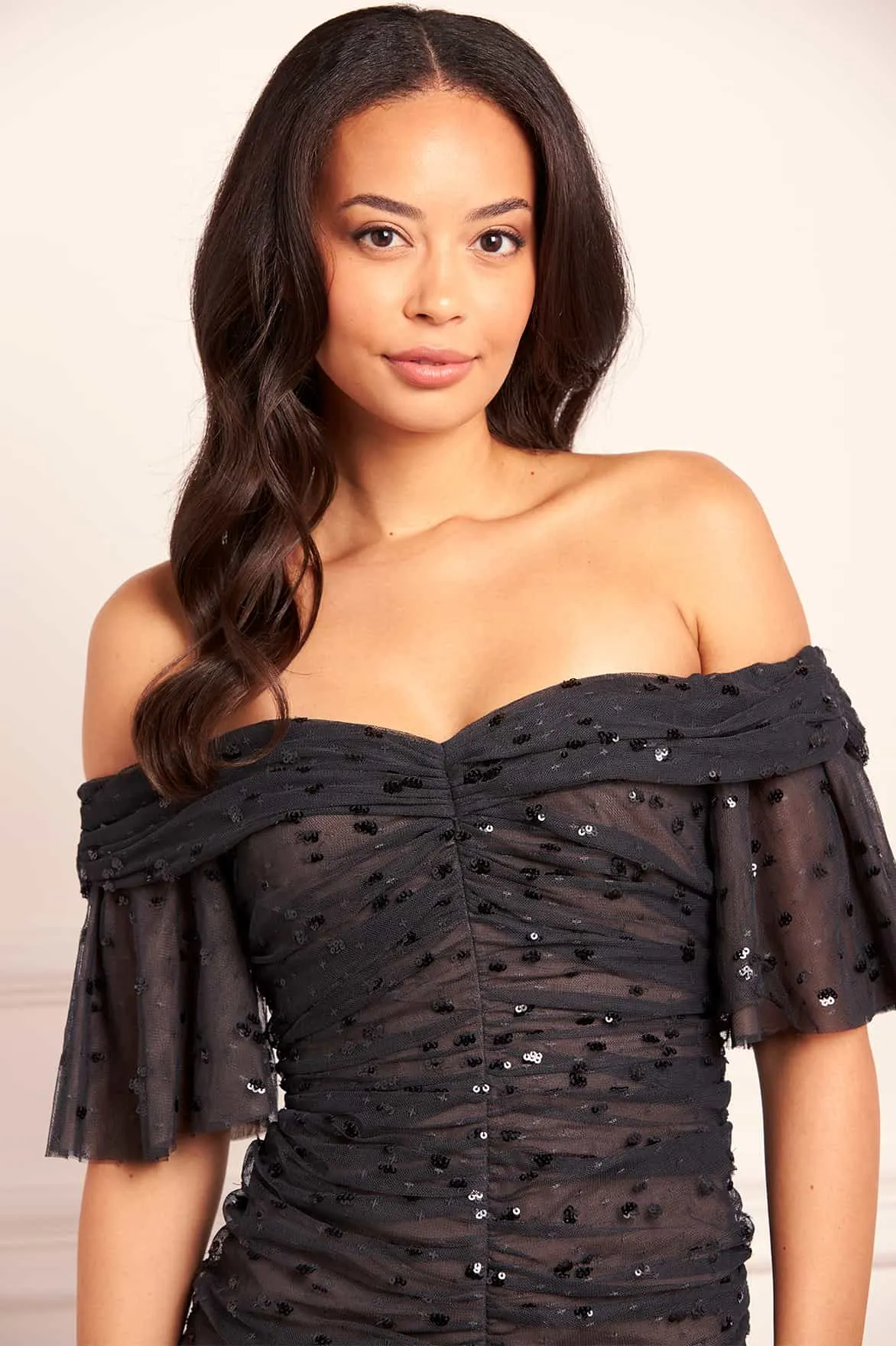 Dappled Sequin Rouched Off-Shoulder Gown Fluid Shape