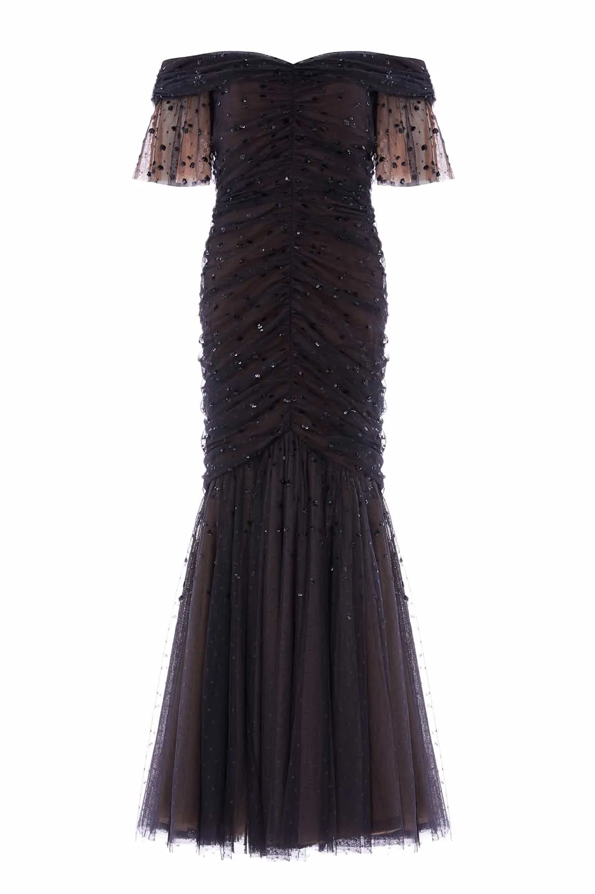 Dappled Sequin Rouched Off-Shoulder Gown Relaxed Style