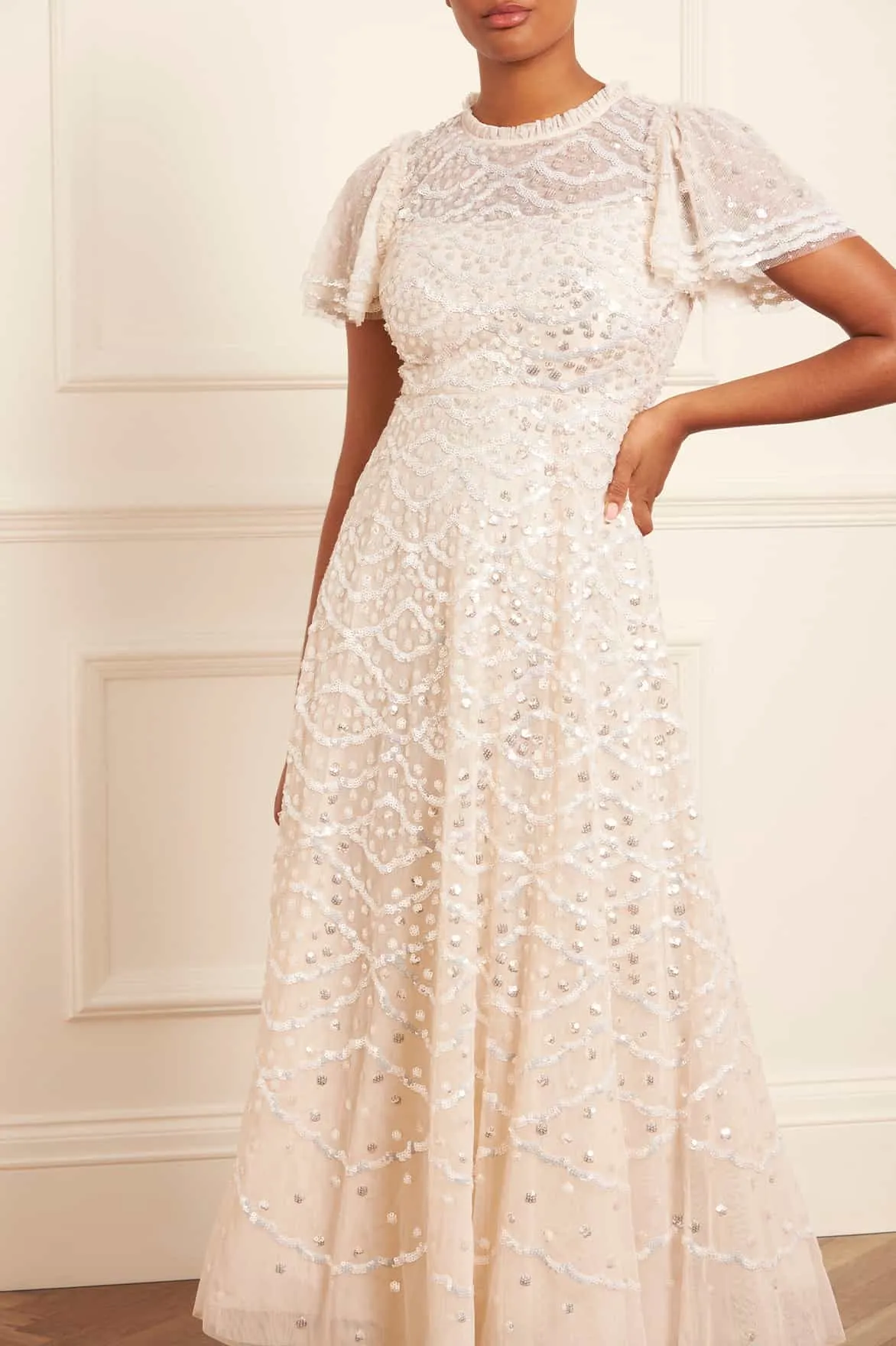 Lace Fine Front Ruffle Deco Dot Gloss Ankle Gown