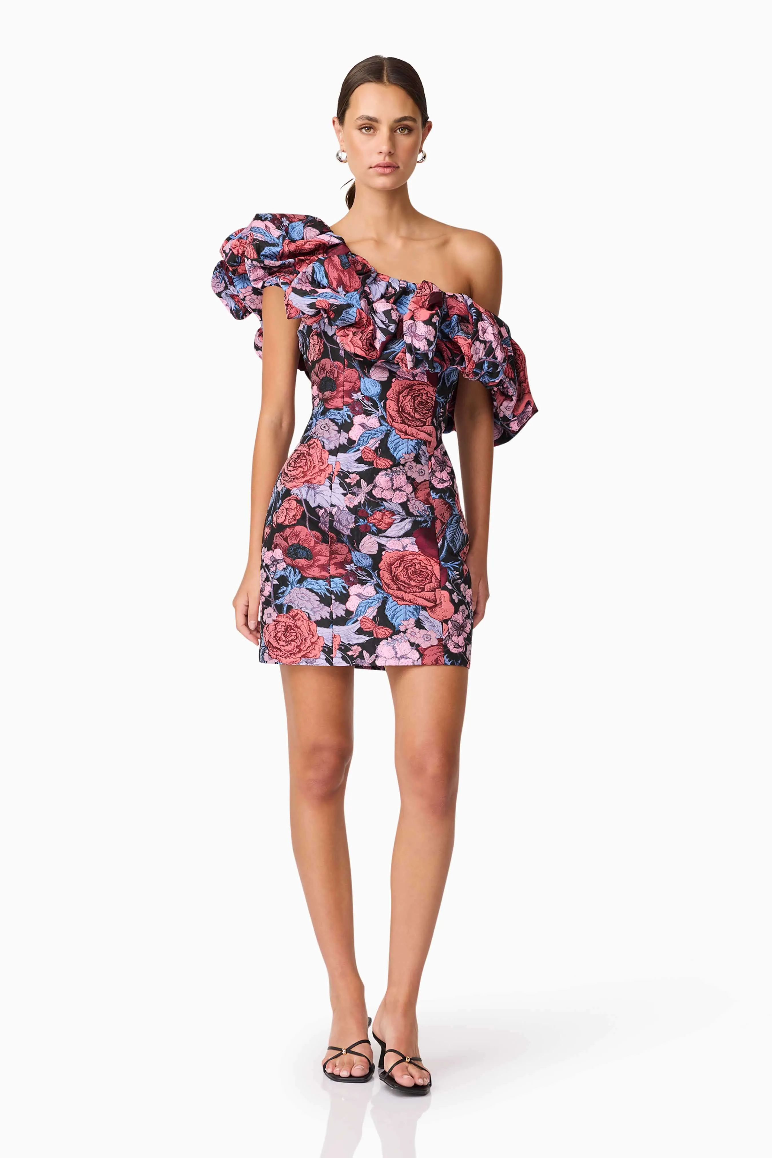 Fit Waist Delphine One Shoulder Mini Dress in Pink & Black Floral