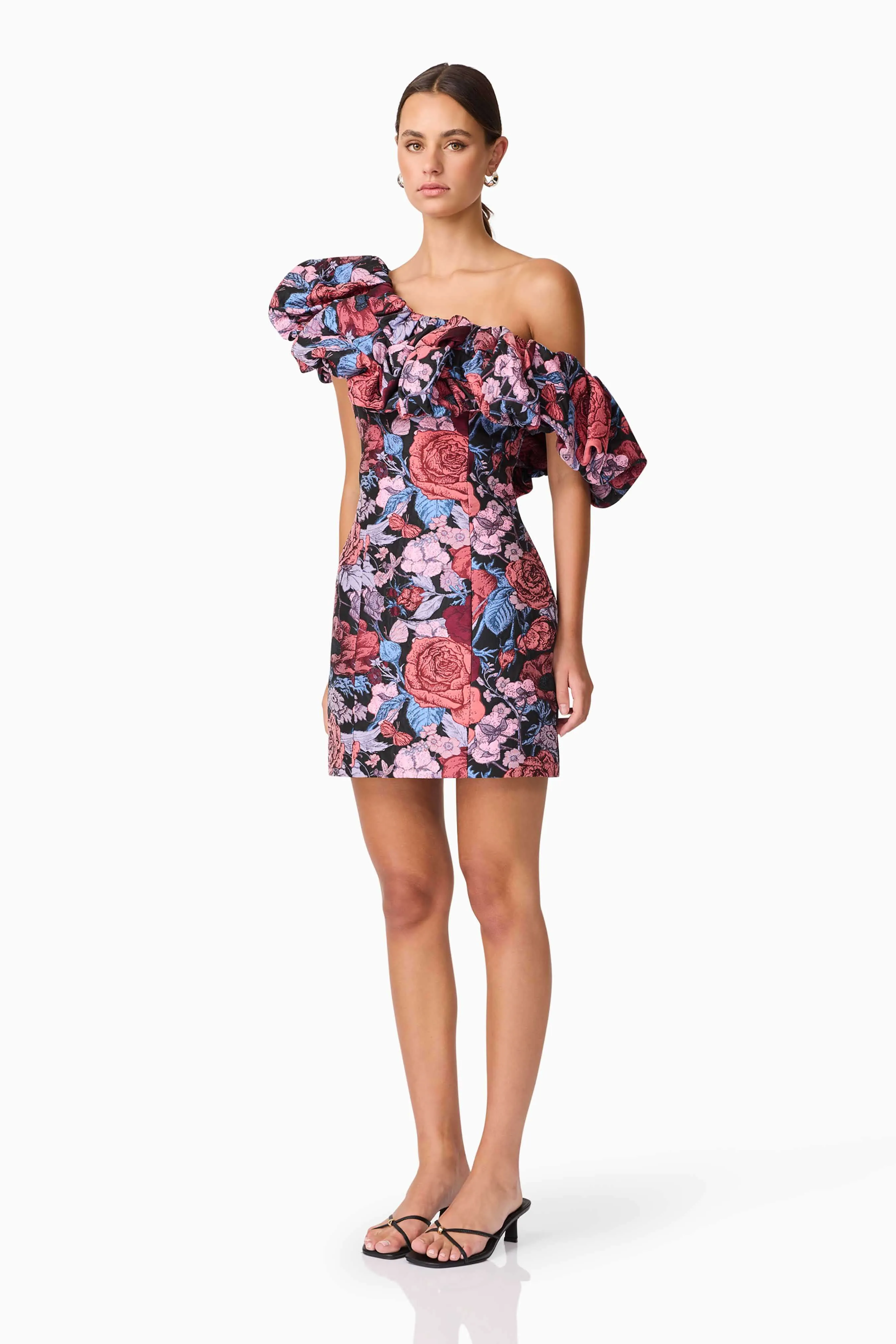 Delphine One Shoulder Mini Dress in Pink & Black Floral Cool Palette