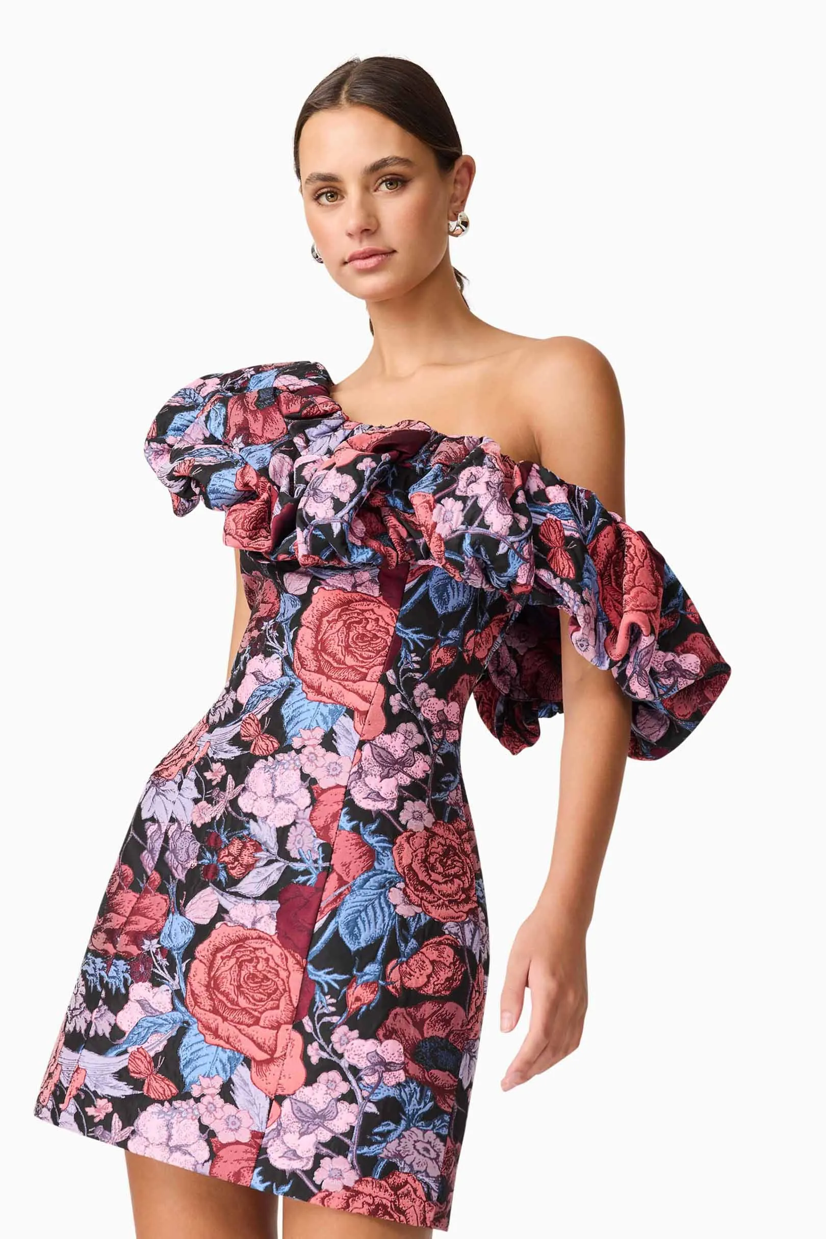 hypoallergenic Everyday Piece Delphine One Shoulder Mini Dress in Pink & Black Floral