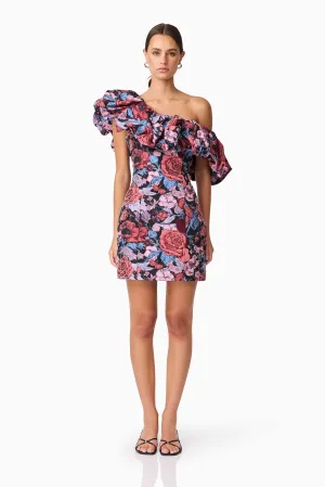 Summer Ease Fall Layer Delphine One Shoulder Mini Dress in Pink & Black Floral