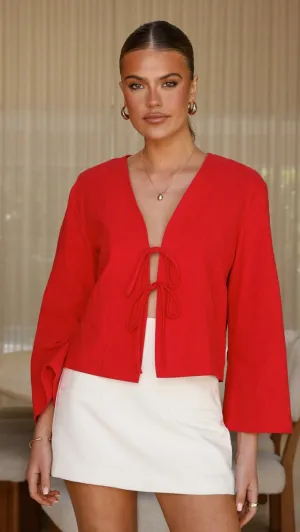 Kiera Tie Front Top - Red Elastic cuffs