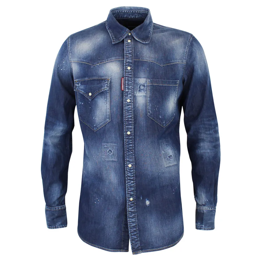 AntiPillingTreatment DSQUARED2 - Rip & Repair Distressed Denim Shirt in Blue