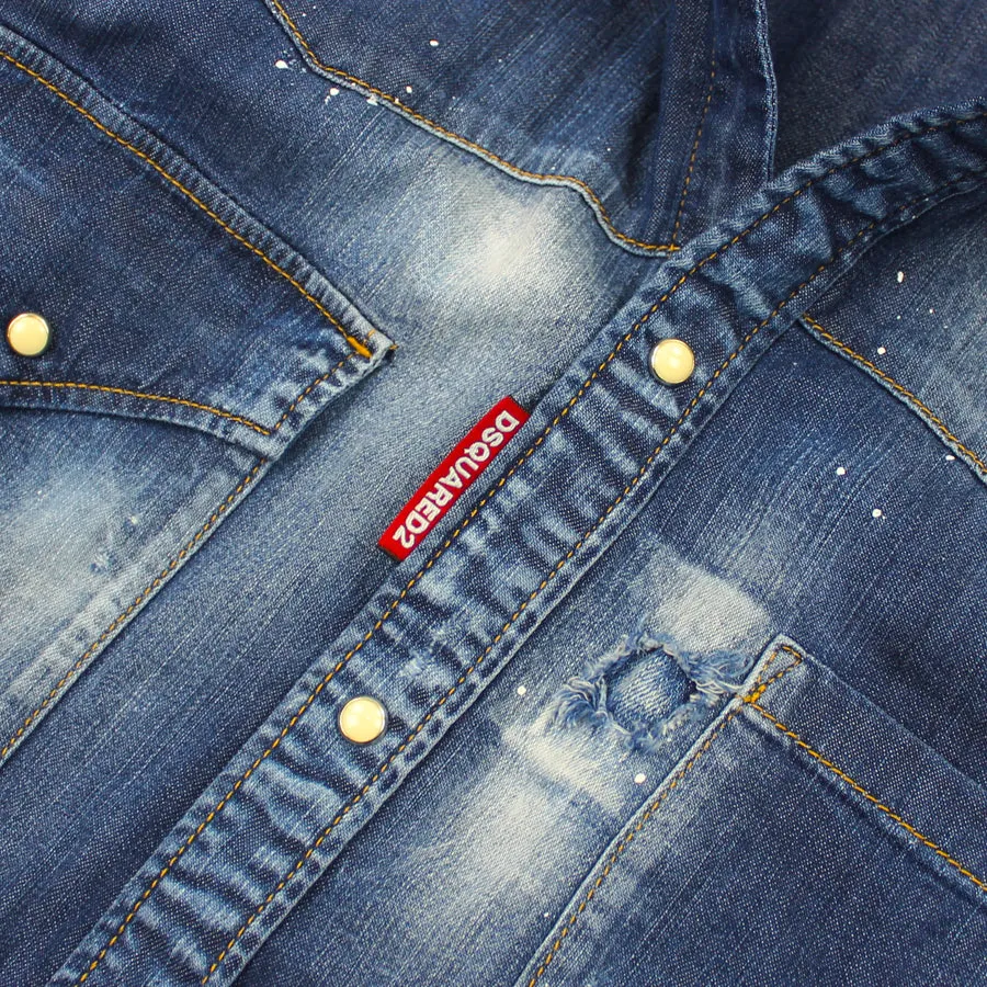 Seasonal Wear Trendy Vibes DSQUARED2 - Rip & Repair Distressed Denim Shirt in Blue