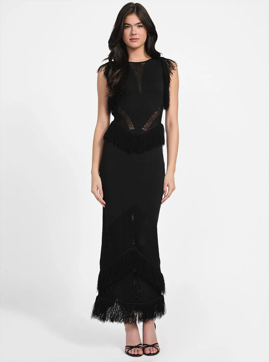 Silky Silhouette Body Safe Eco Black Luisa Fringe Maxi Sweater Dress