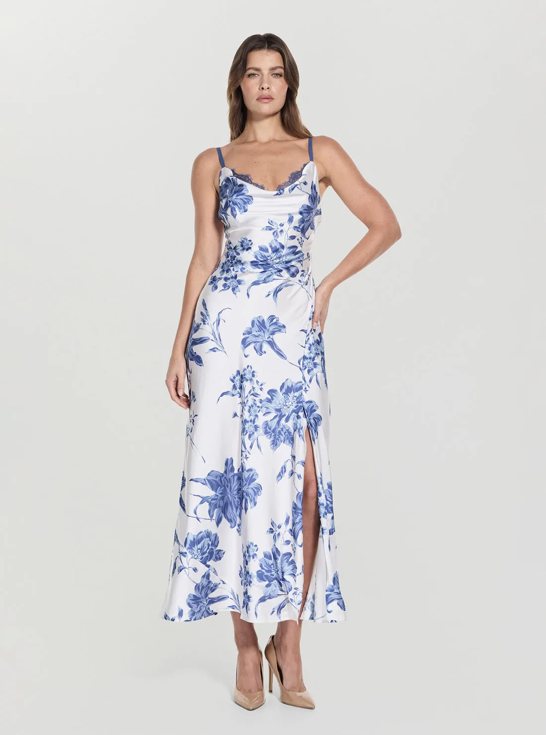 Classic Layer Breathable Feel Eco Blue Floral Print Adele Lace Maxi Dress