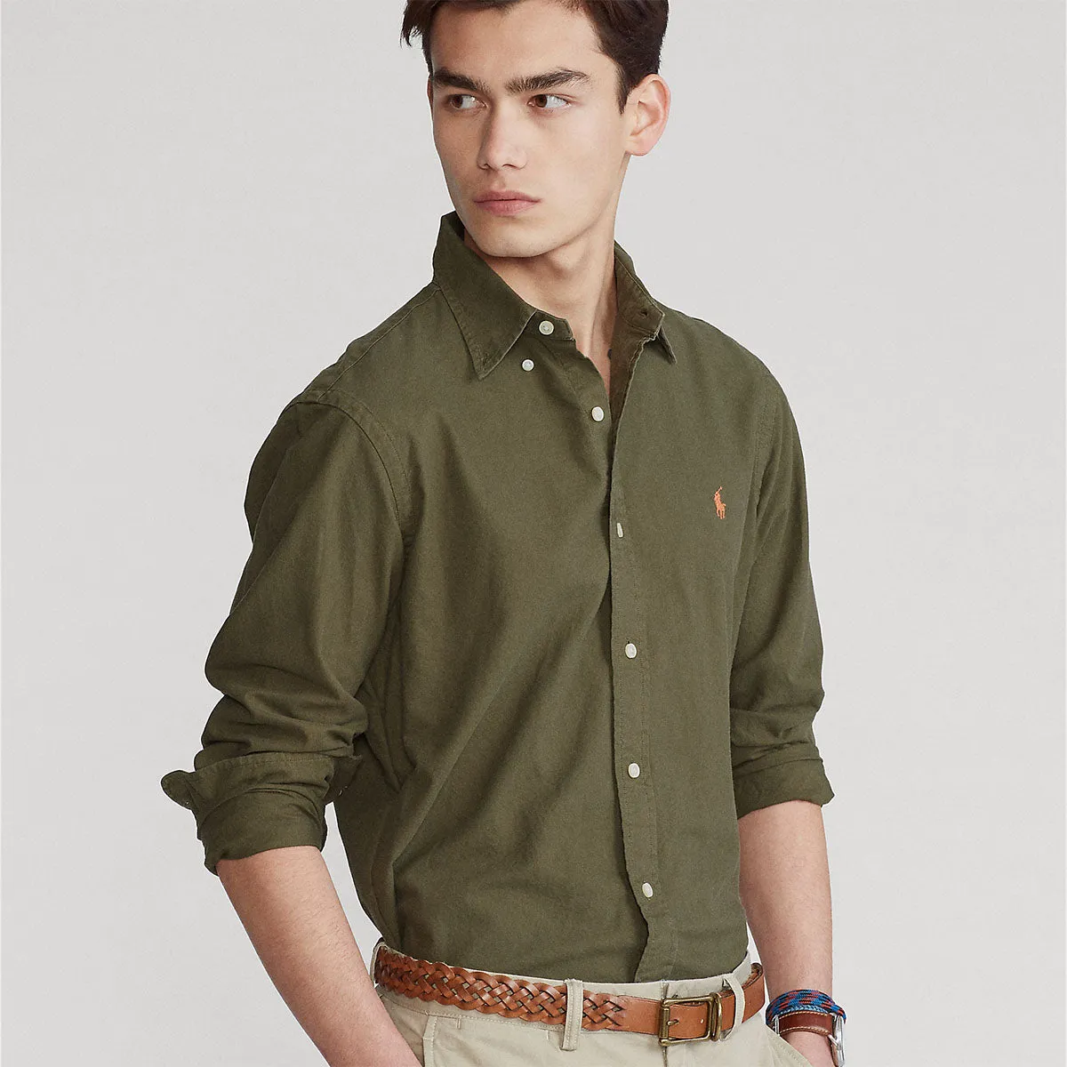 Active Outfit Sporty Comfort Polo Ralph Lauren - Slim Fit Long Sleeve Sport Shirt in Khaki