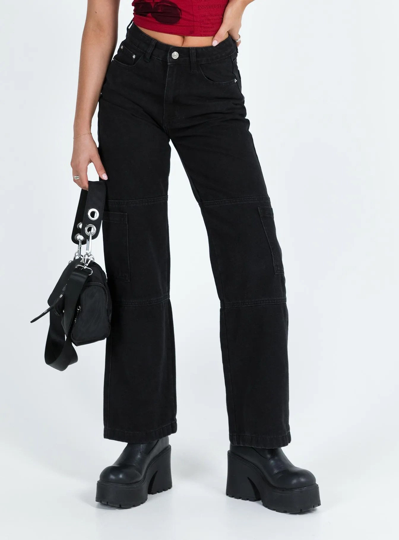 Trend Setter Chill Outfit Music Event Picnic Style Thomson High Rise Wide Leg Cargo Jeans Black