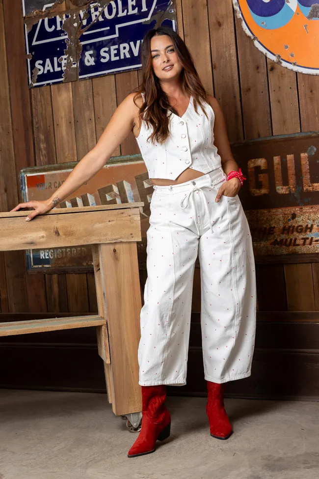 Eileen Bow Printed Denim Vest Elastic Hem Adjustment