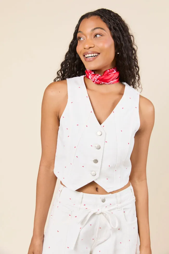 Hooded Comfort Fit Adjustable Detachable Hood Eileen Bow Printed Denim Vest