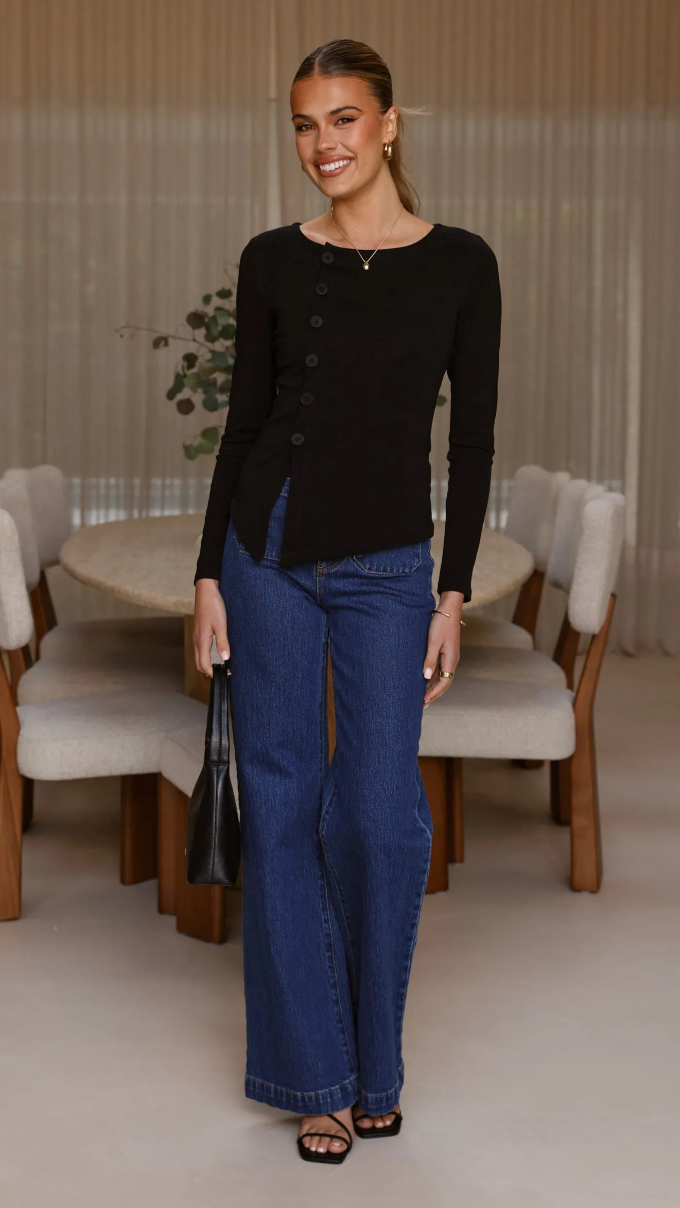 Addison Long Sleeve Top - Black Gentle Power Calm Wave