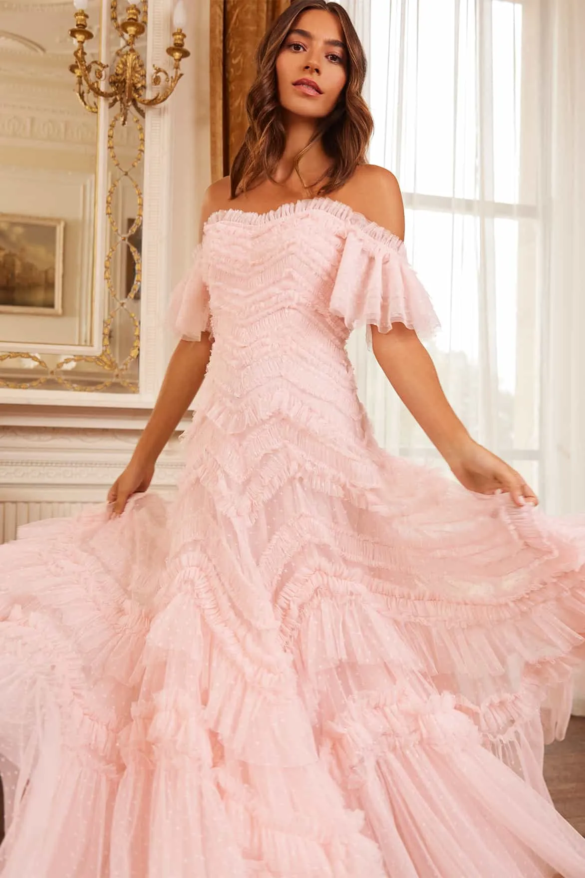 Shine Finish Elia Off-Shoulder Gown