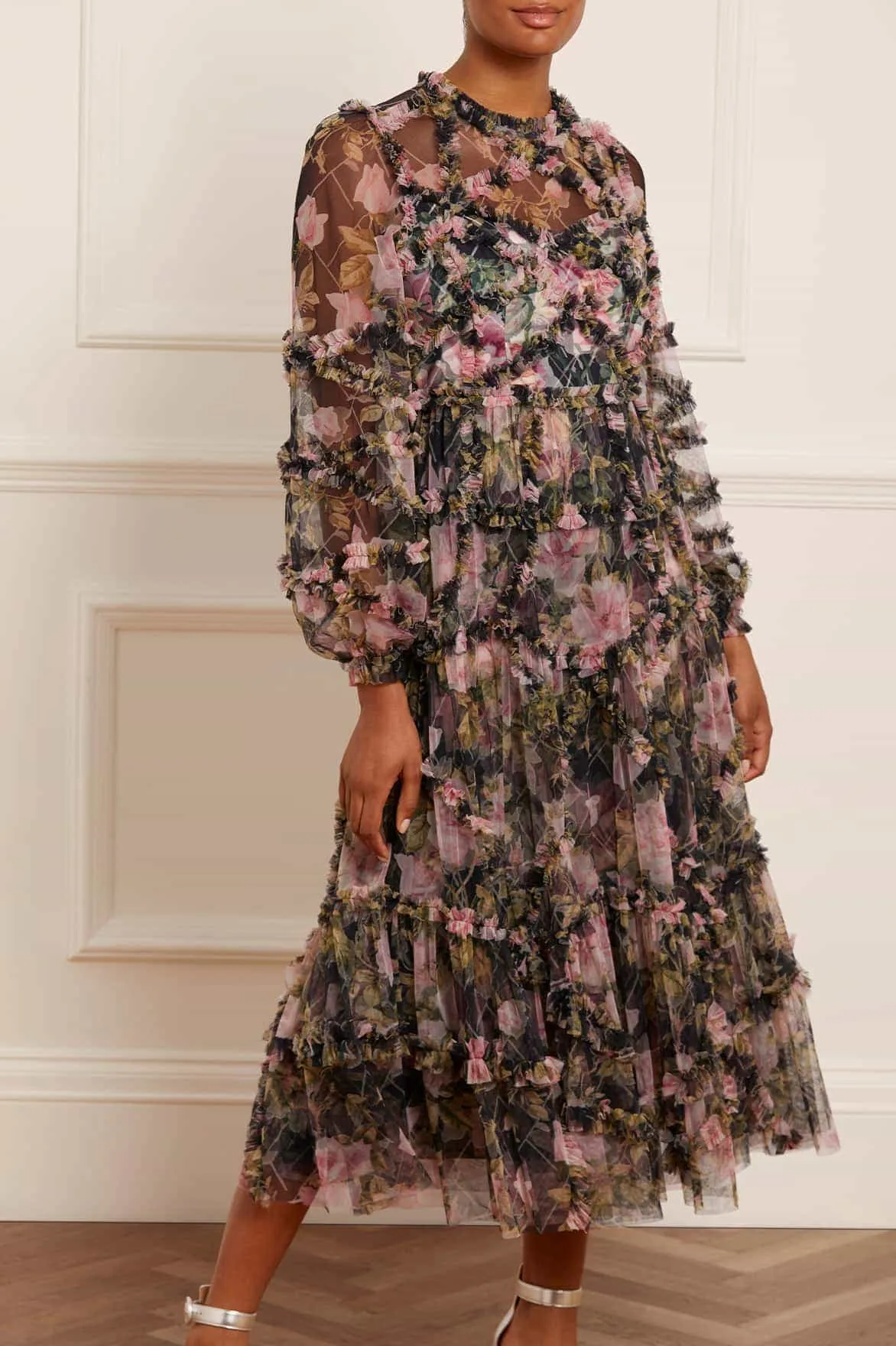 Long Lines English Rose Diamond Ruffle Ballerina Dress