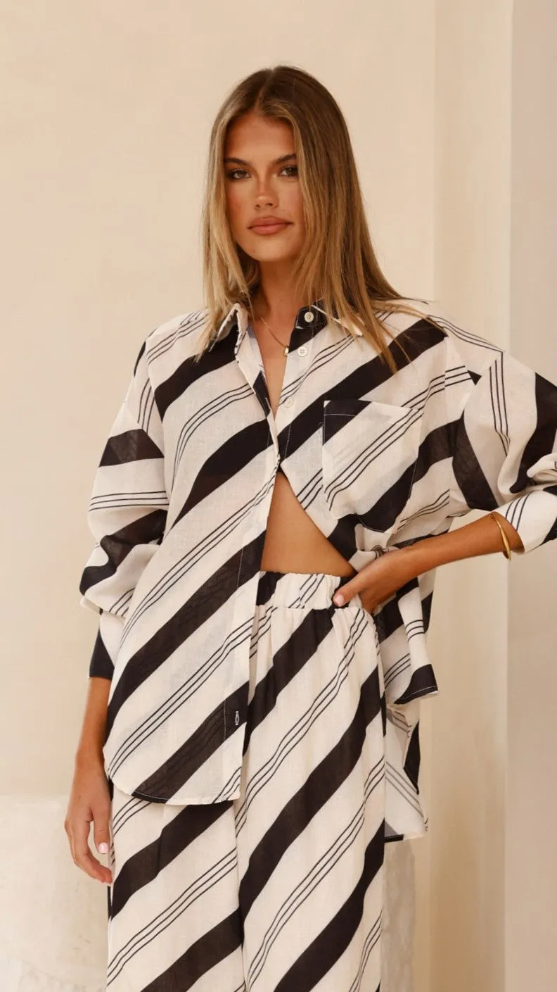 Torrey Button Up Long Sleeve Shirt - Black/Cream Compression Fit