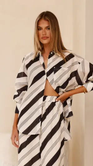 Torrey Button Up Long Sleeve Shirt - Black/Cream Compression Fit