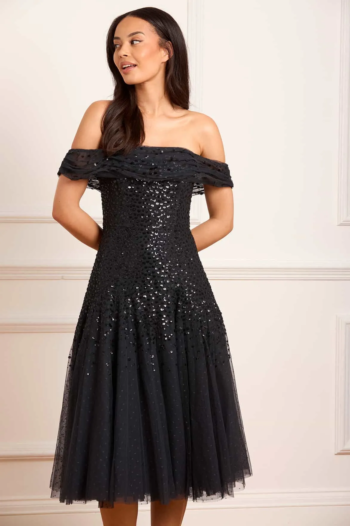 Smart Glide Vacation Outfit Dappled Sequin Draped Off-Shoulder Midaxi Dress