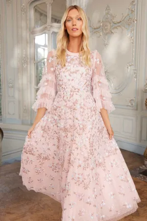 Everett Bloom Round Neck Ankle Gown Crystal-Detail Minimal Curve