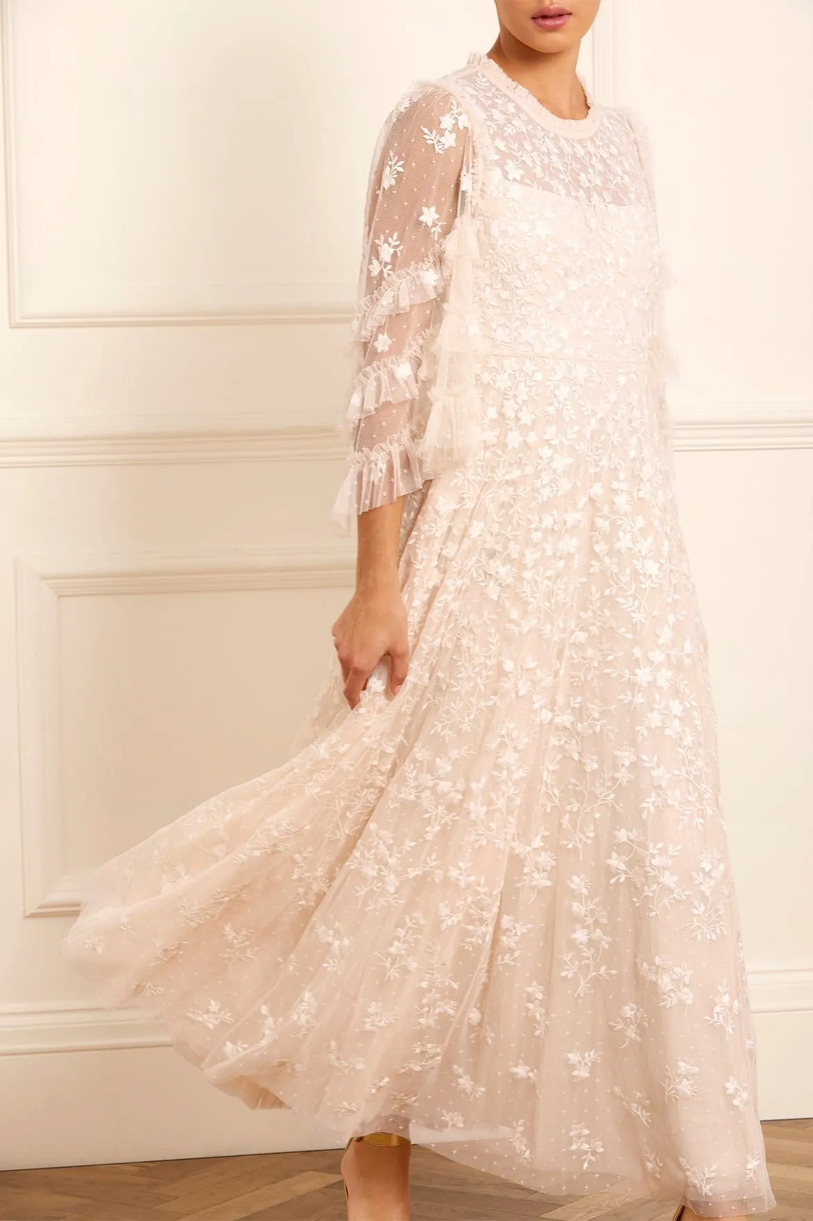 Gathered-Detail Everett Bloom Round Neck Ankle Gown