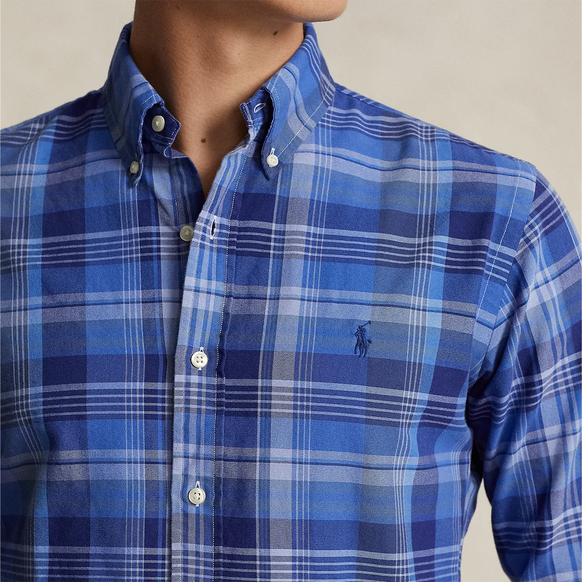 Minimal Comfort Quick Dry Fit Ralph Lauren - Slim Fit Plaid Oxford Shirt in Blue Mix
