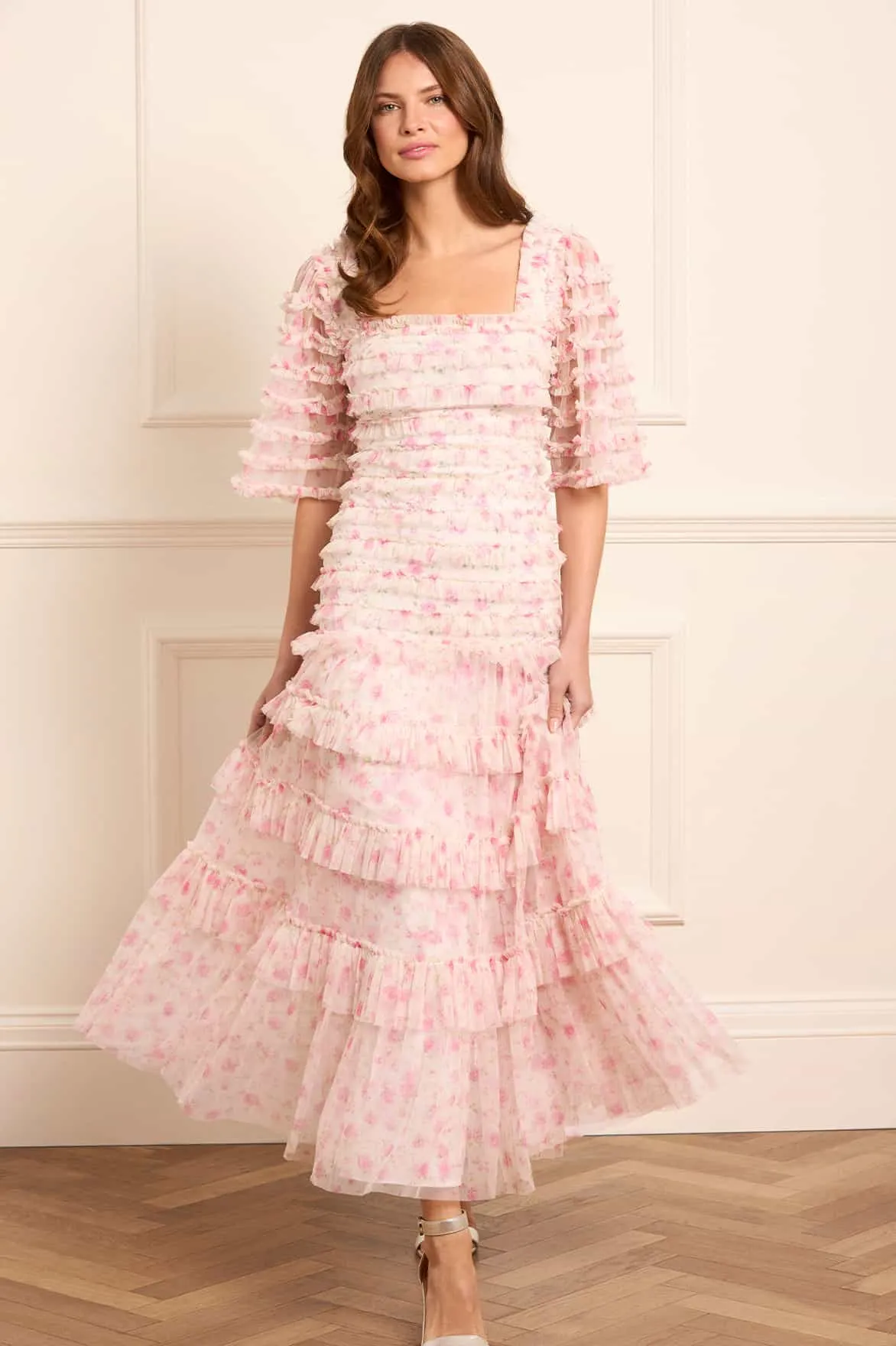 Street Casual Timeless Touch Rose Ditsy Short Sleeve Ankle Gown