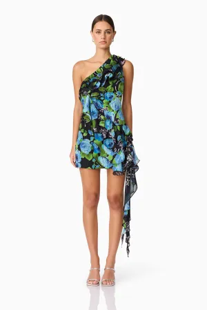 Office Cool Briony Asymmetrical Mini Dress in Black & Blue Floral