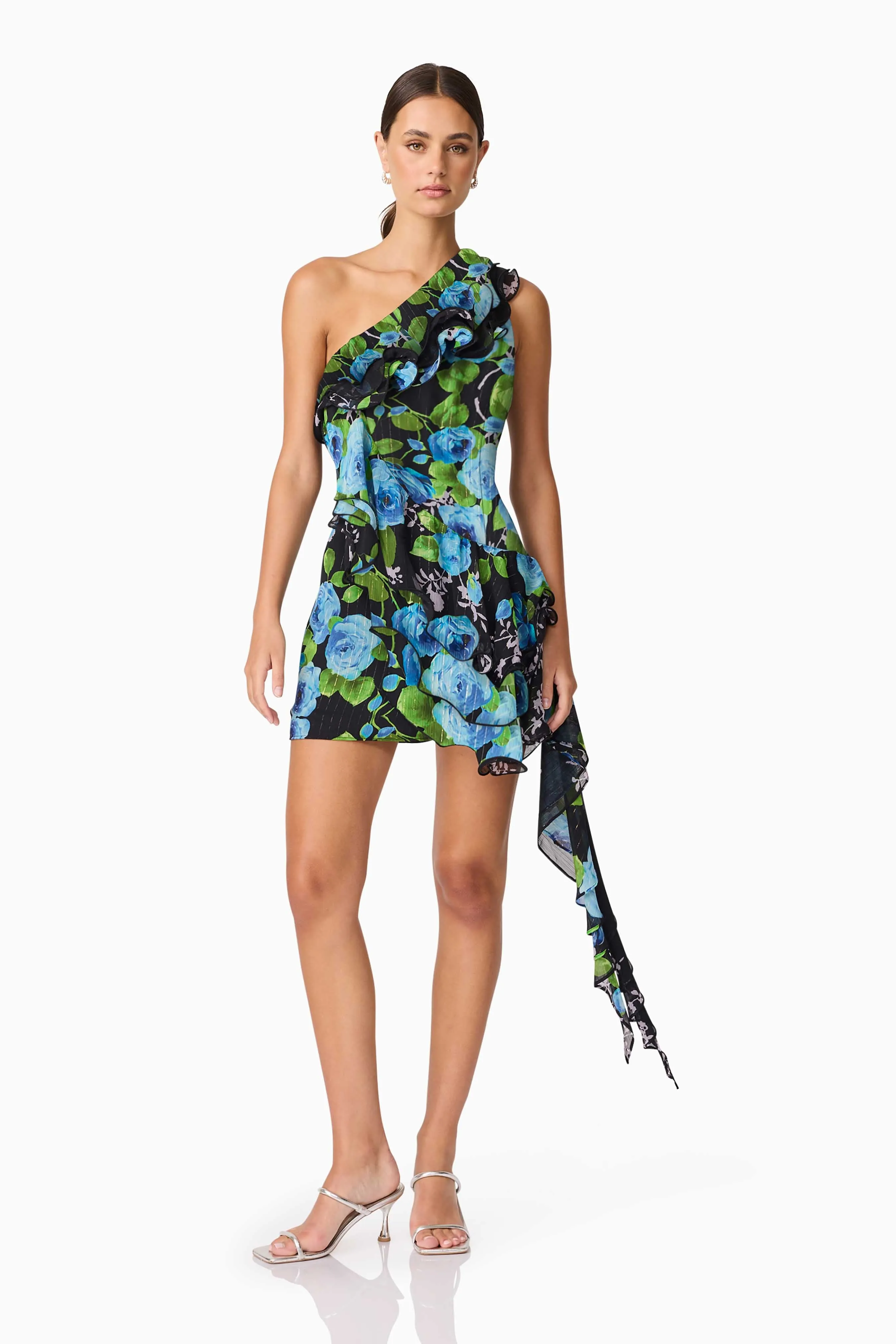 Effortless Style Versatile Wear Briony Asymmetrical Mini Dress in Black & Blue Floral
