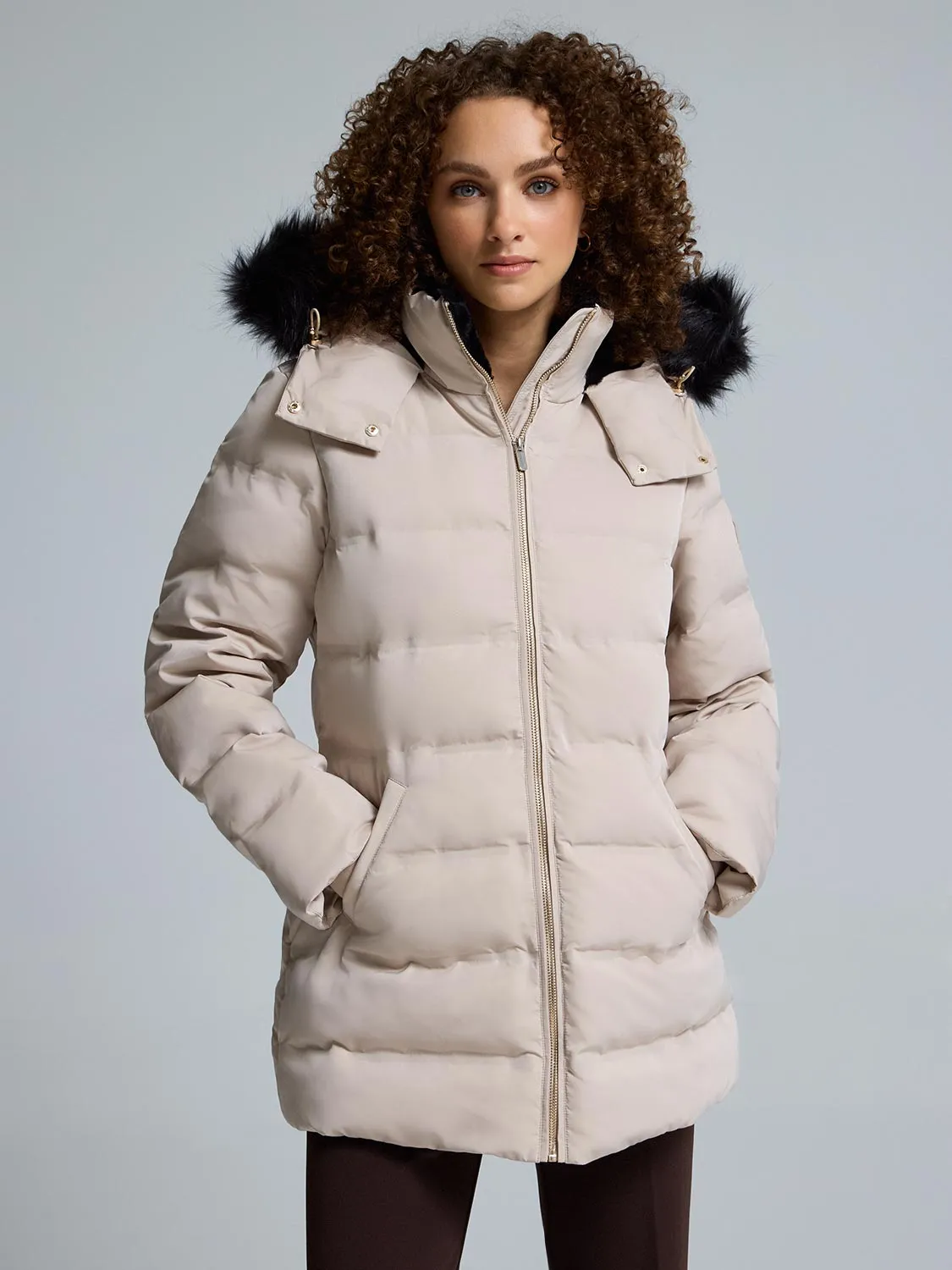 Breathable Softshell Layer Faux Fur Hood Puffer Jacket