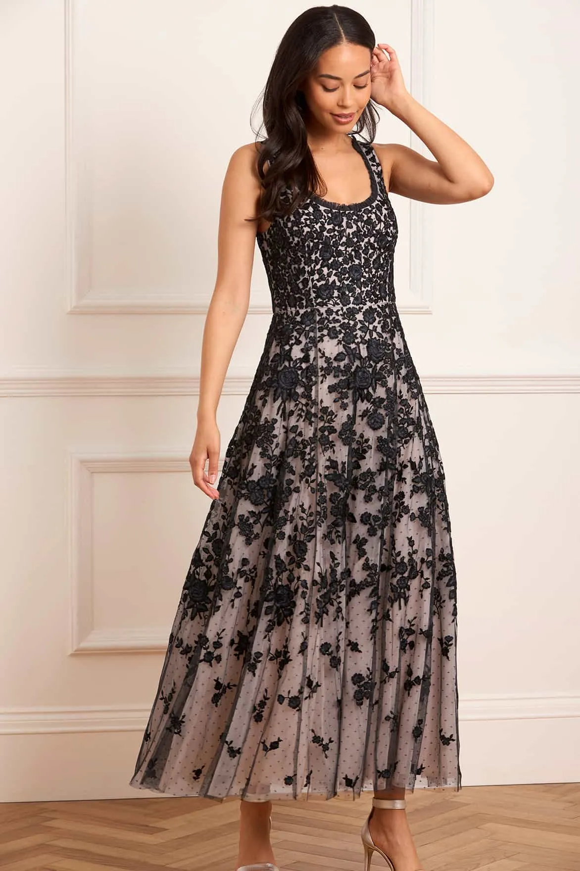 Rosa Scoop Neck Ankle Gown Layered Design