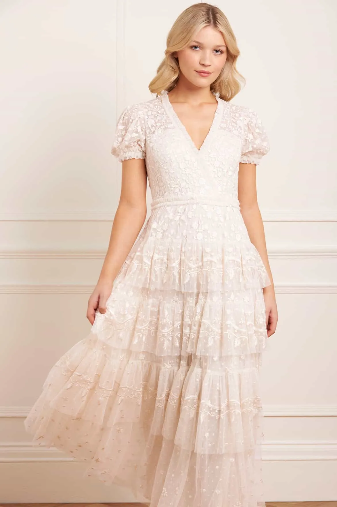 Polished Layer Bishop-Sleeve Layered Lace Ankle Gown