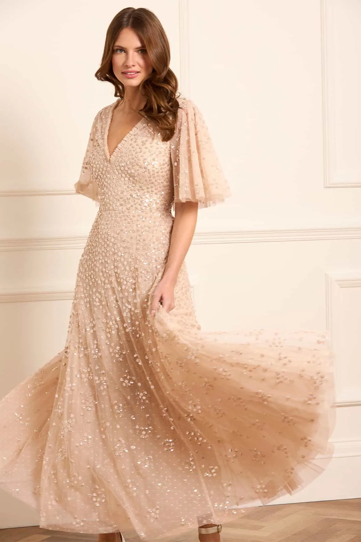 Leila Dot V-Neck Cape Ankle Gown Smooth Feel