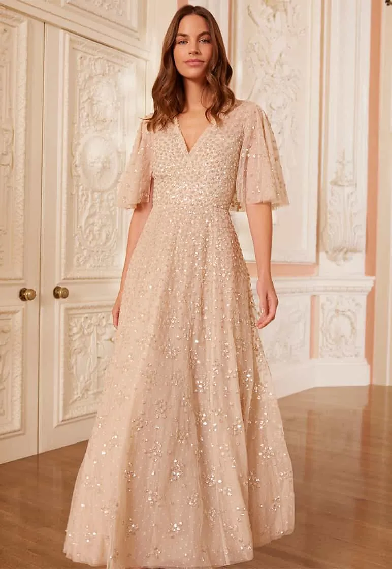 Leila Dot V-Neck Cape Ankle Gown Easy and Effortless Daily Chic